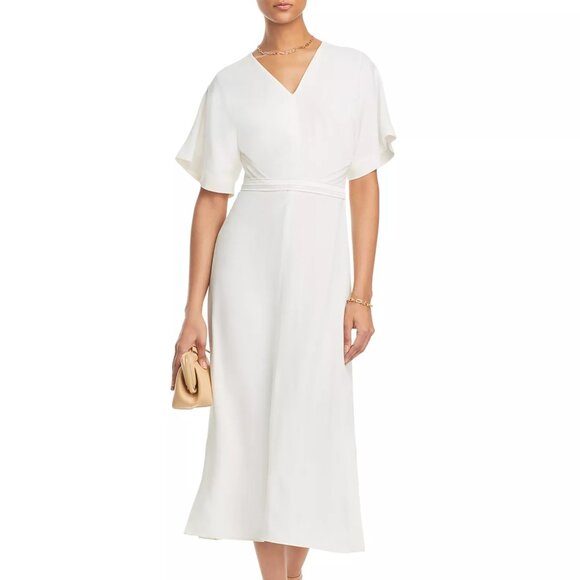 645$ BOSS V-Neck Slit Sides Dawinga Midi Dress Short Sleeves Size 10 Soft Cream - Picture 1 of 5